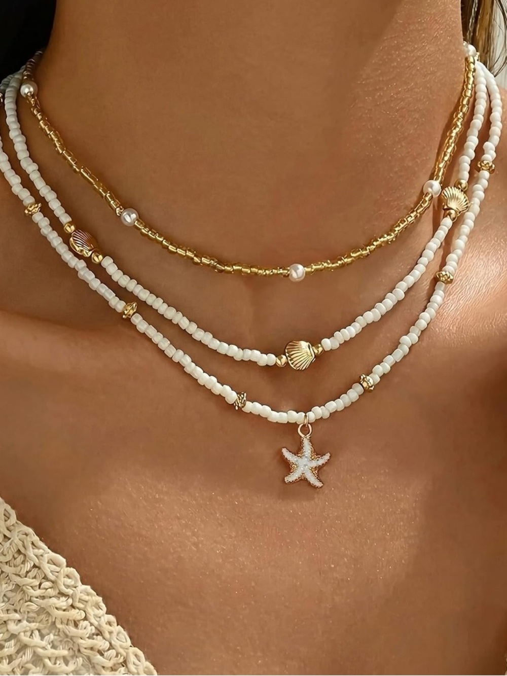 Trendy Summer Gold & White Beaded Layered Necklace Set with Starfish Charm - Picture 1 of 4